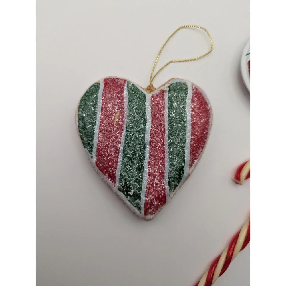 3 Vtg Christmas Ornaments Red White Green Heart Round Metal w/ Bells Candy‎ Cane